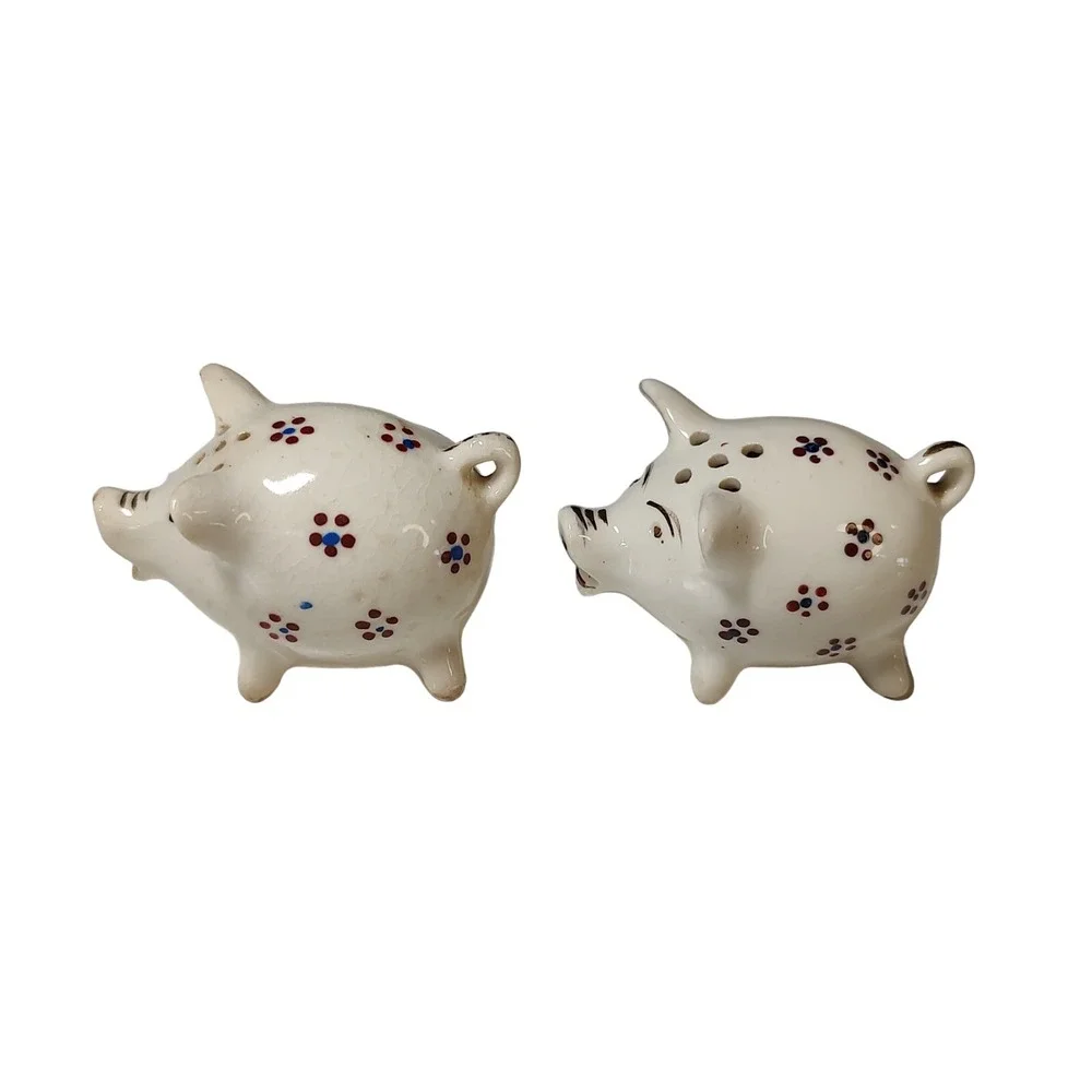 Vintage Ceramic Pig Salt and Pepper Shakers Hand Painted Flowers Gold Trim Japan
